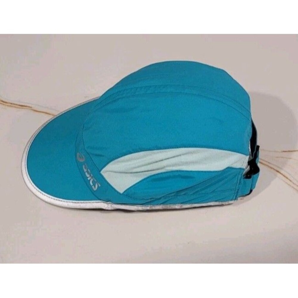 Asics 5 Panel Running Hat Adjustable Cap Lightweight Blue Turquoise Reflective - Picture 2 of 5